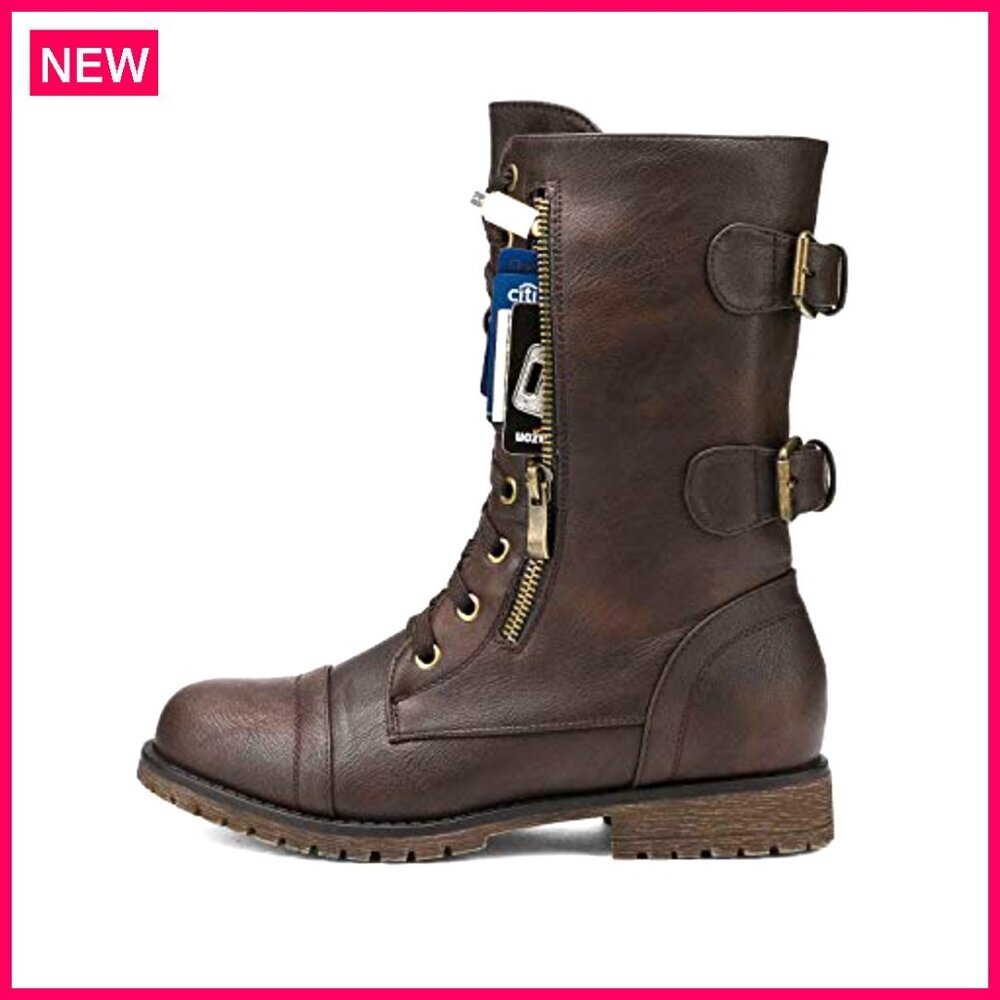 Women's Mid Calf Combat Boots with Wallet Pocket and Side Zipper - Picture 4 of 8